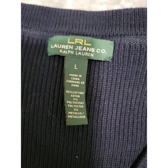 LRL Ralph Lauren Navy Gold Metallic V Neck Striped Pullover Sweater Top sz Large - Picture 5 of 6